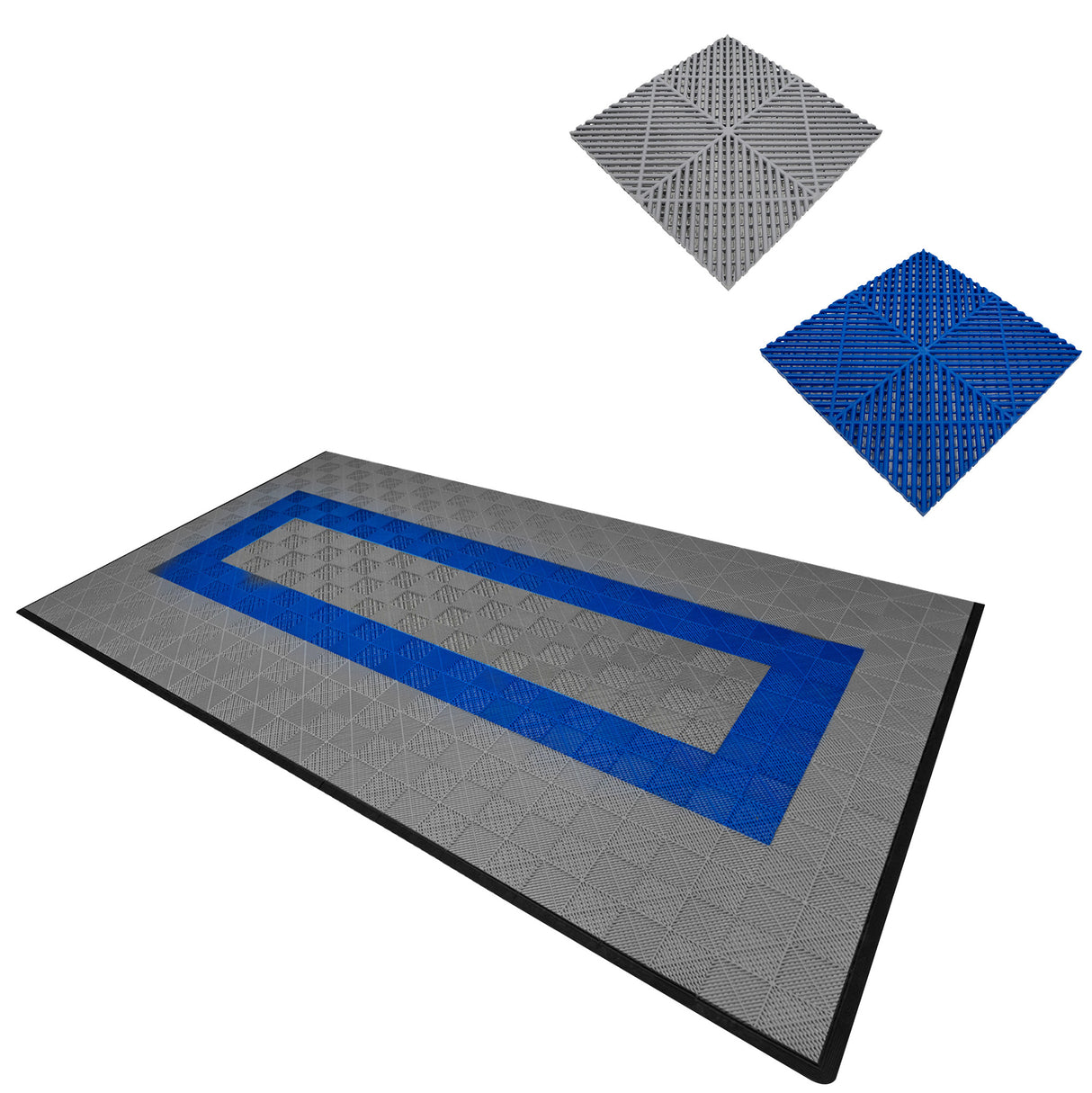 Baldosas de polipropileno en gris y azul, con textura de canales de ventilación, ideales para superficies antideslizantes y duraderas