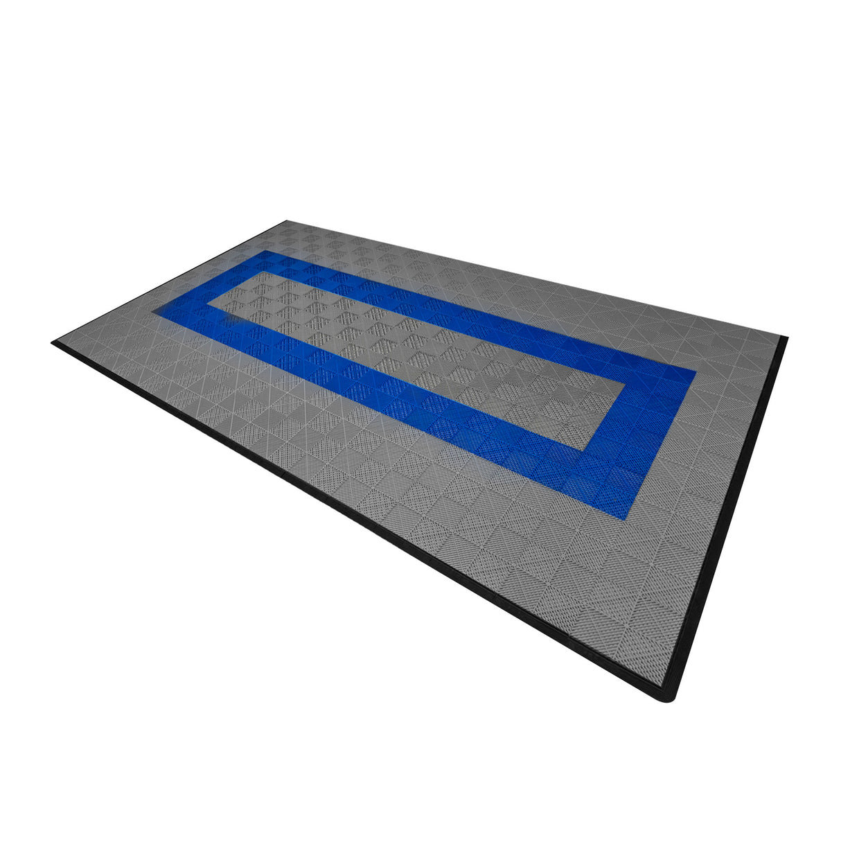 Baldosas de polipropileno en gris con bordes azules, diseño con canales de ventilación, superficie texturizada y resistente