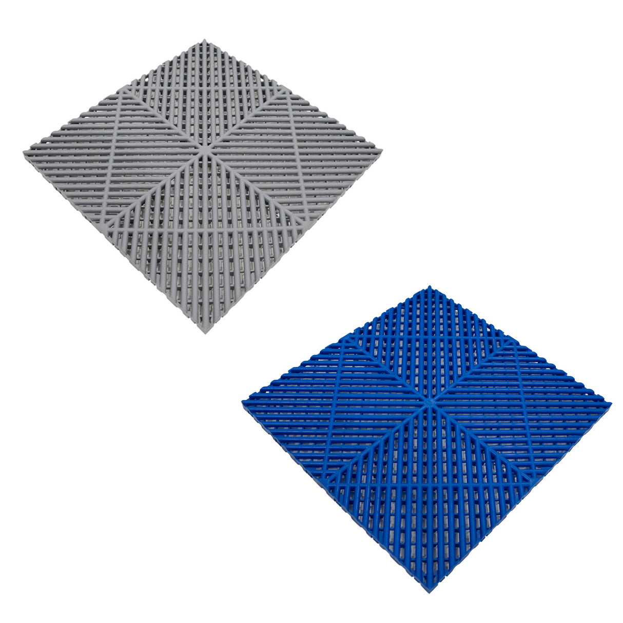 Baldosas de polipropileno en gris y azul, con textura de canales de ventilación y bordes, ideales para superficies antideslizantes