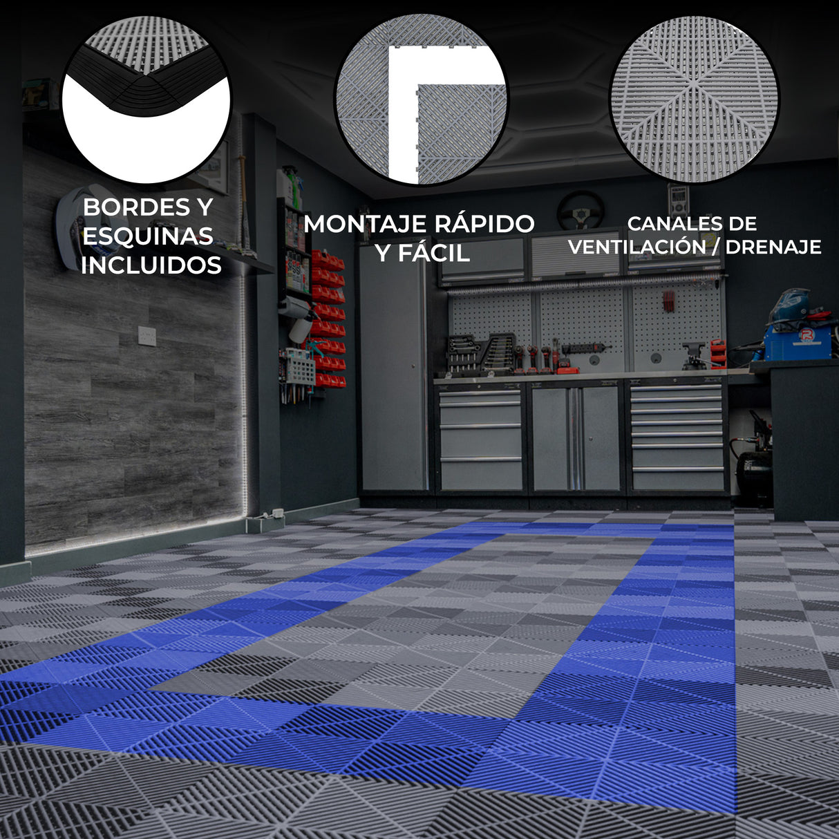 Baldosas de polipropileno en gris y azul, con textura de ventilación, bordes y esquinas incluidos, ideales para suelos prácticos