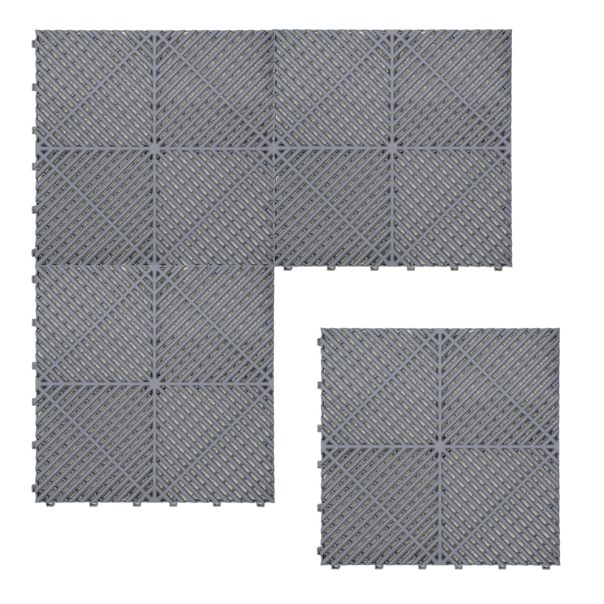 Baldosas de polipropileno gris con canales de ventilación, diseño en relieve y bordes, ideales para superficies exteriores y interiores