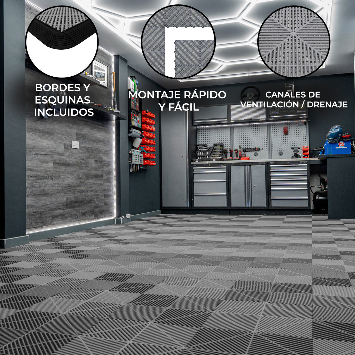 Baldosas de polipropileno en color gris con canales de ventilación, diseño geométrico y bordes, ideales para espacios funcionales