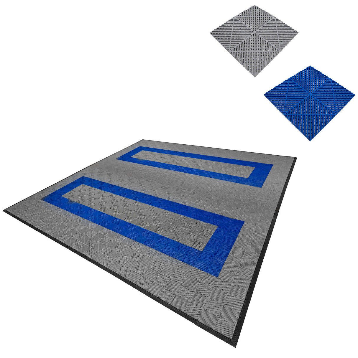 Baldosas de polipropileno en gris y azul, con canales de ventilación y bordes, ideales para suelos duraderos y antideslizantes