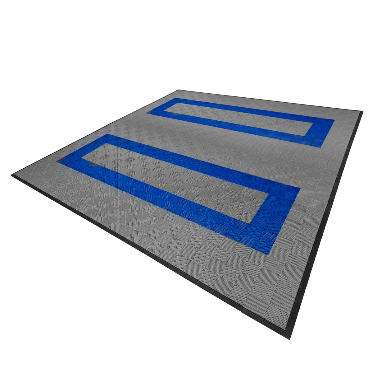 Baldosas de polipropileno en gris y azul, con textura de canales de ventilación y bordes negros, ideales para espacios interiores y exteriores