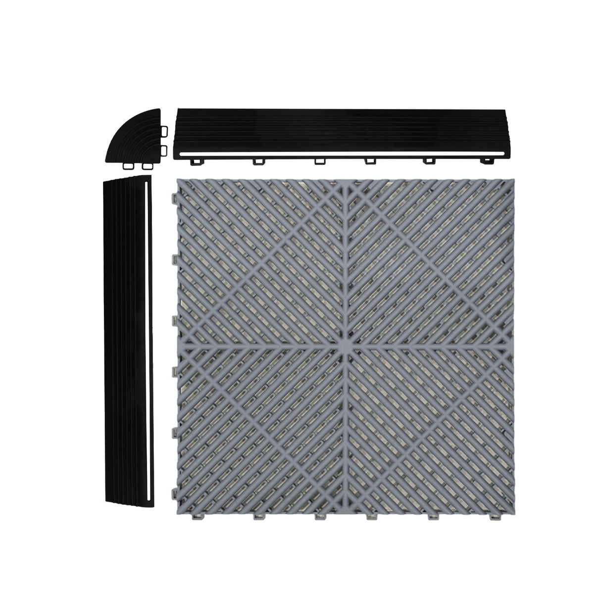 Baldosas de polipropileno en gris y azul con canales de ventilación y bordes, ideales para suelos, resistentes y duraderos