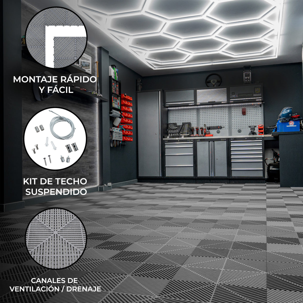 Baldosas Polipropileno (120un) y Bordes - Gris + Luz LED Hexagonal de Techo