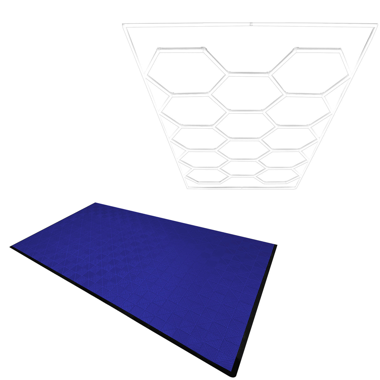 Baldosas de polipropileno azul con textura hexagonal y bordes negros, junto a una luz LED hexagonal de techo blanca