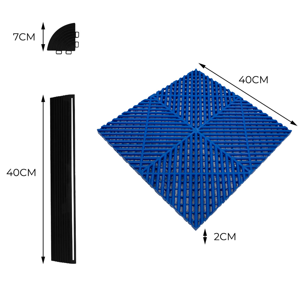 Baldosas hexagonales de polipropileno azul, textura antideslizante, medidas de 40 cm x 40 cm, bordes negros de 7 cm de altura