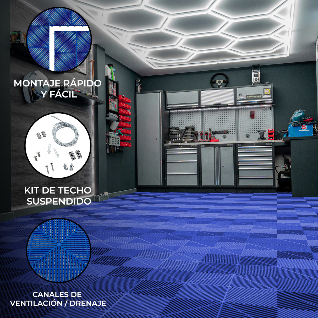 Baldosas de polipropileno azules con textura en patrón cuadrado, ideales para garajes, combinadas con luz LED hexagonal en el techo