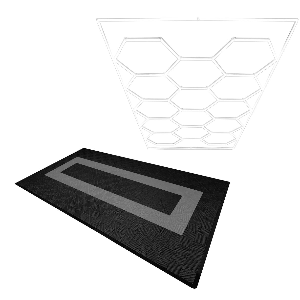 Baldosas Polipropileno (120un) y Bordes - Negro (90un) y Gris (30un)+ Luz LED Hexagonal de Techo