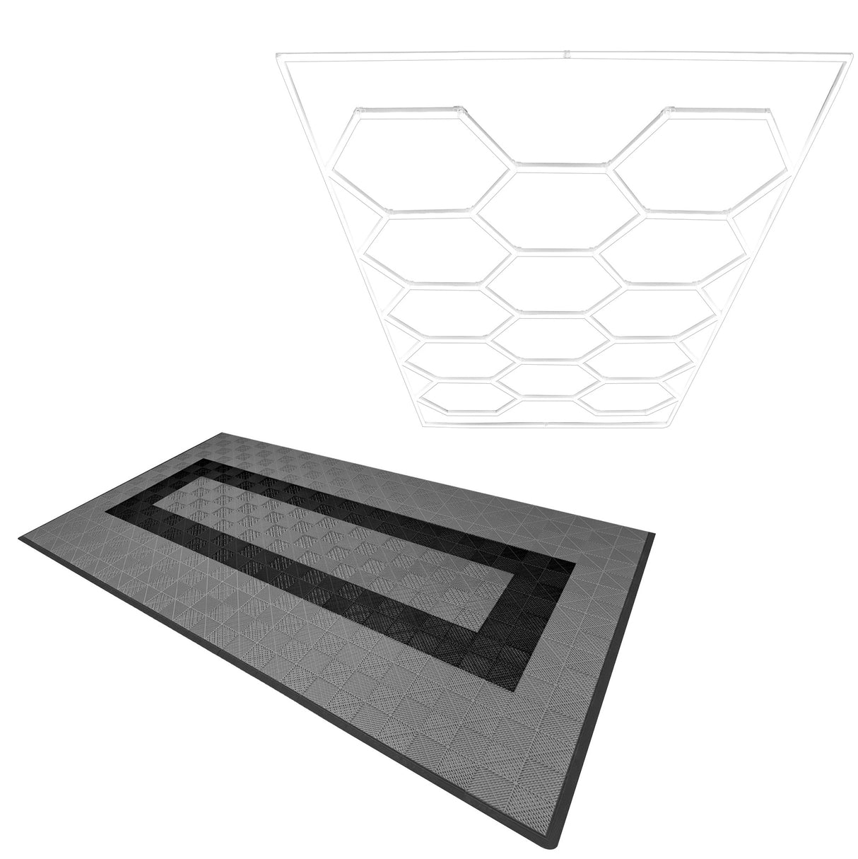 Baldosas de polipropileno en tonos gris y negro con textura geométrica, acompañadas de luz LED hexagonal de techo moderna