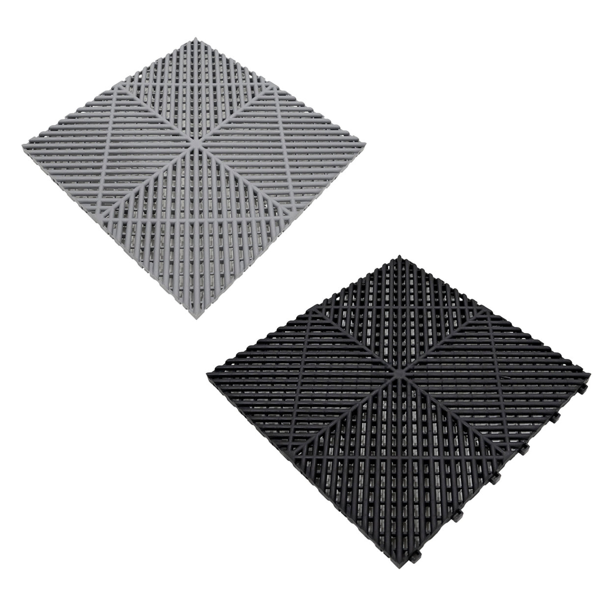 Baldosas de polipropileno en gris y negro, con textura antideslizante, ideales para suelos y bordes decorativos en espacios interiores