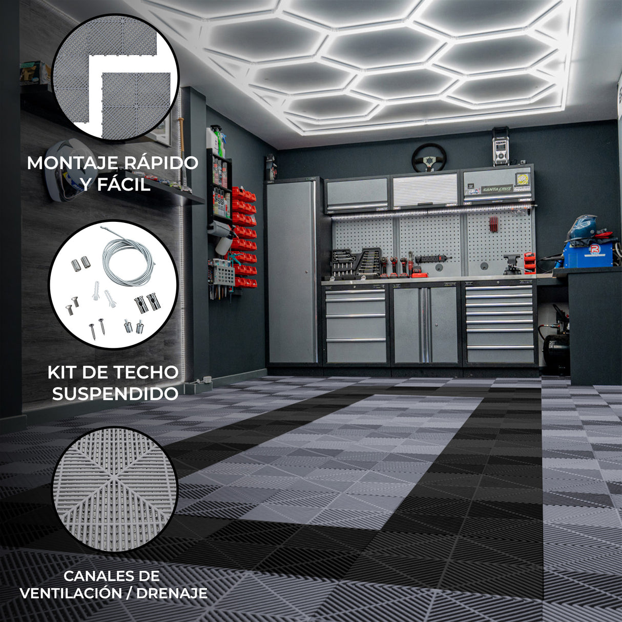 Baldosas de polipropileno en tonos gris y negro, con textura antideslizante, y luz LED hexagonal en un garaje moderno y ordenado