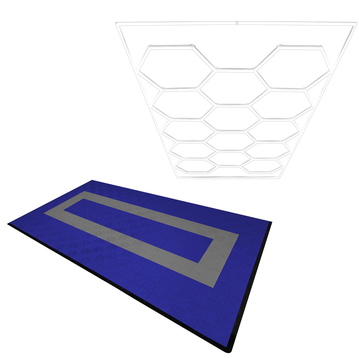 Baldosas de polipropileno en azul y gris, con textura geométrica, junto a luz LED hexagonal blanca para techo