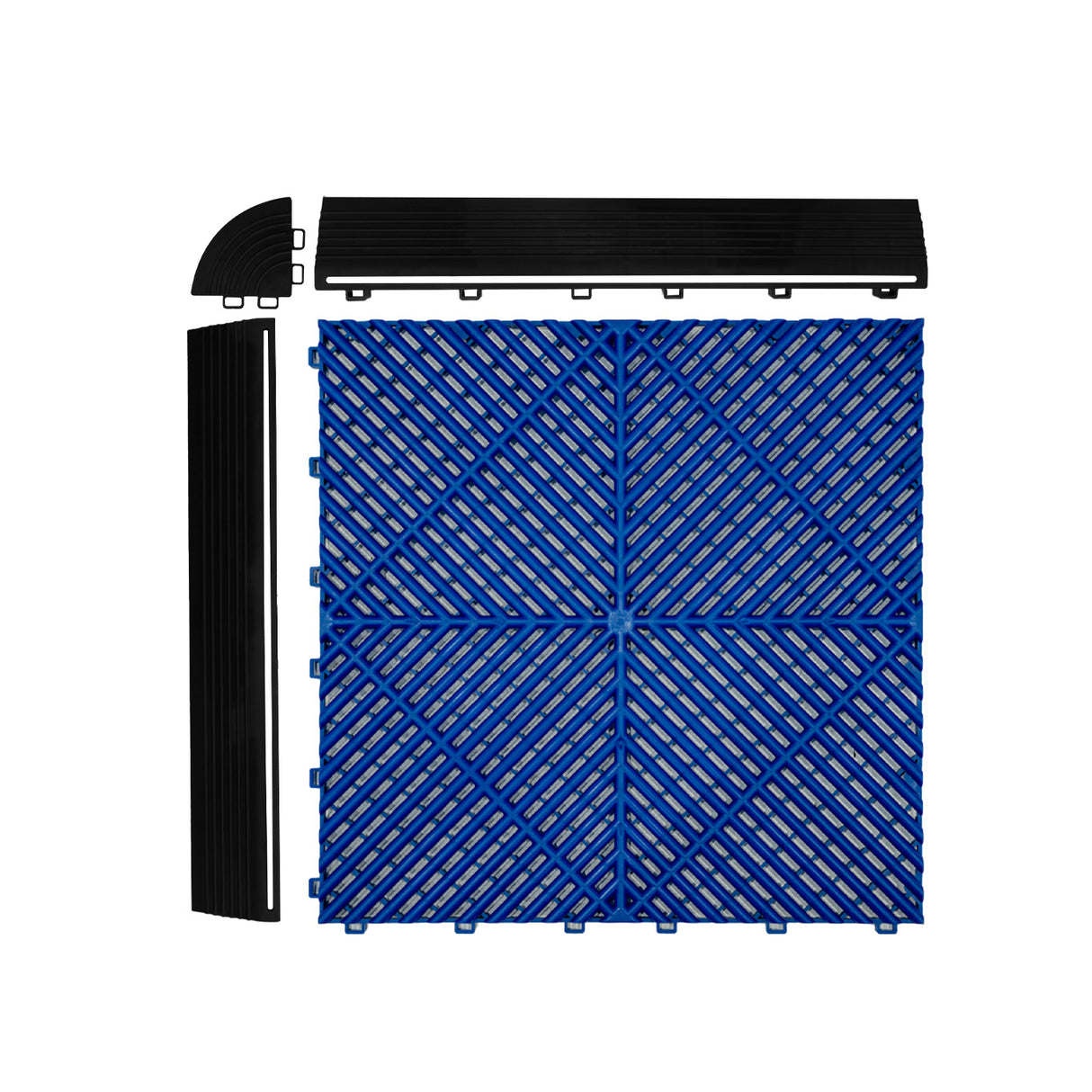 Baldosas de polipropileno en azul con bordes negros, diseño de rejilla, ideales para suelos, junto a luz LED hexagonal de techo