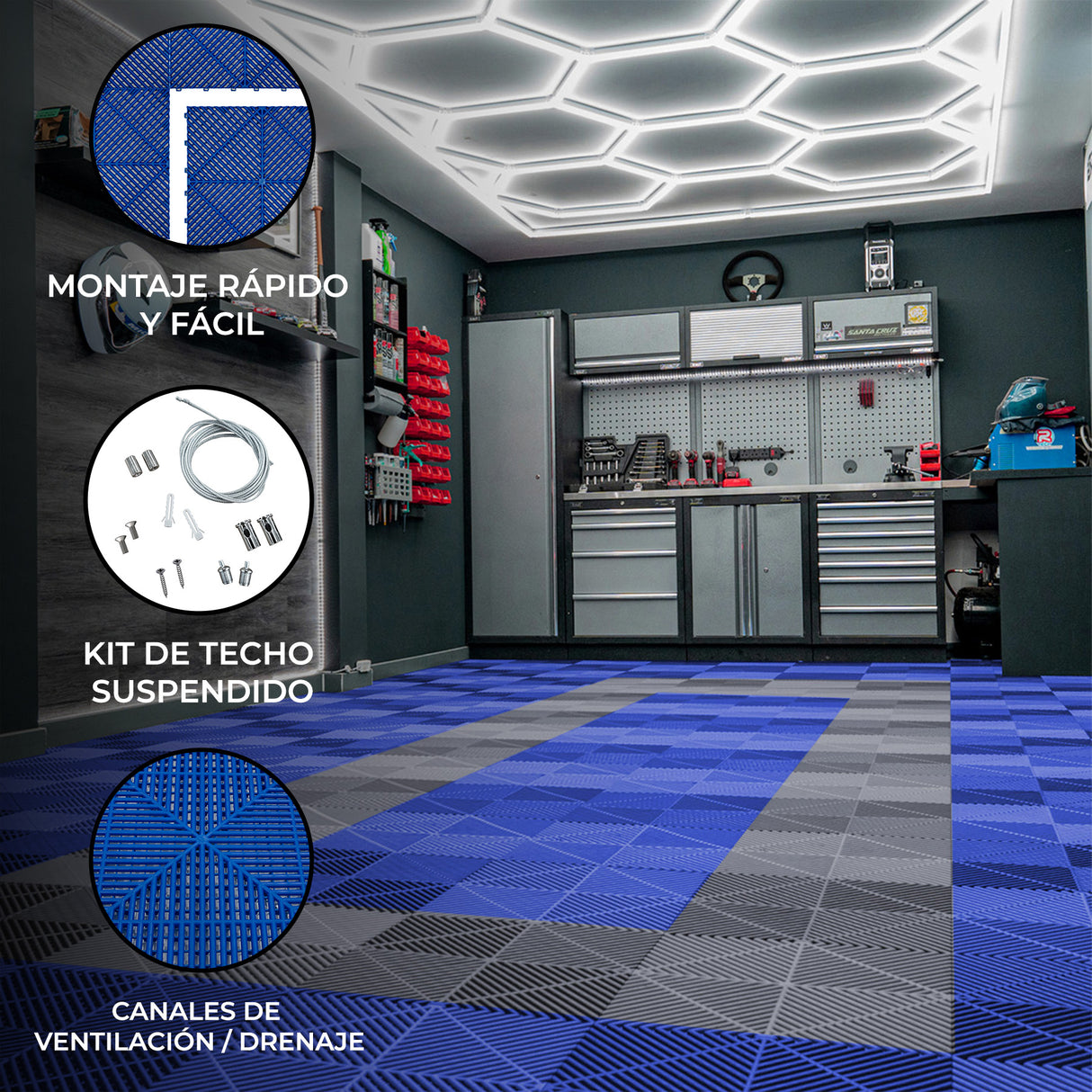 Baldosas de polipropileno en azul y gris, con textura antideslizante, en un garaje moderno con luz LED hexagonal en el techo