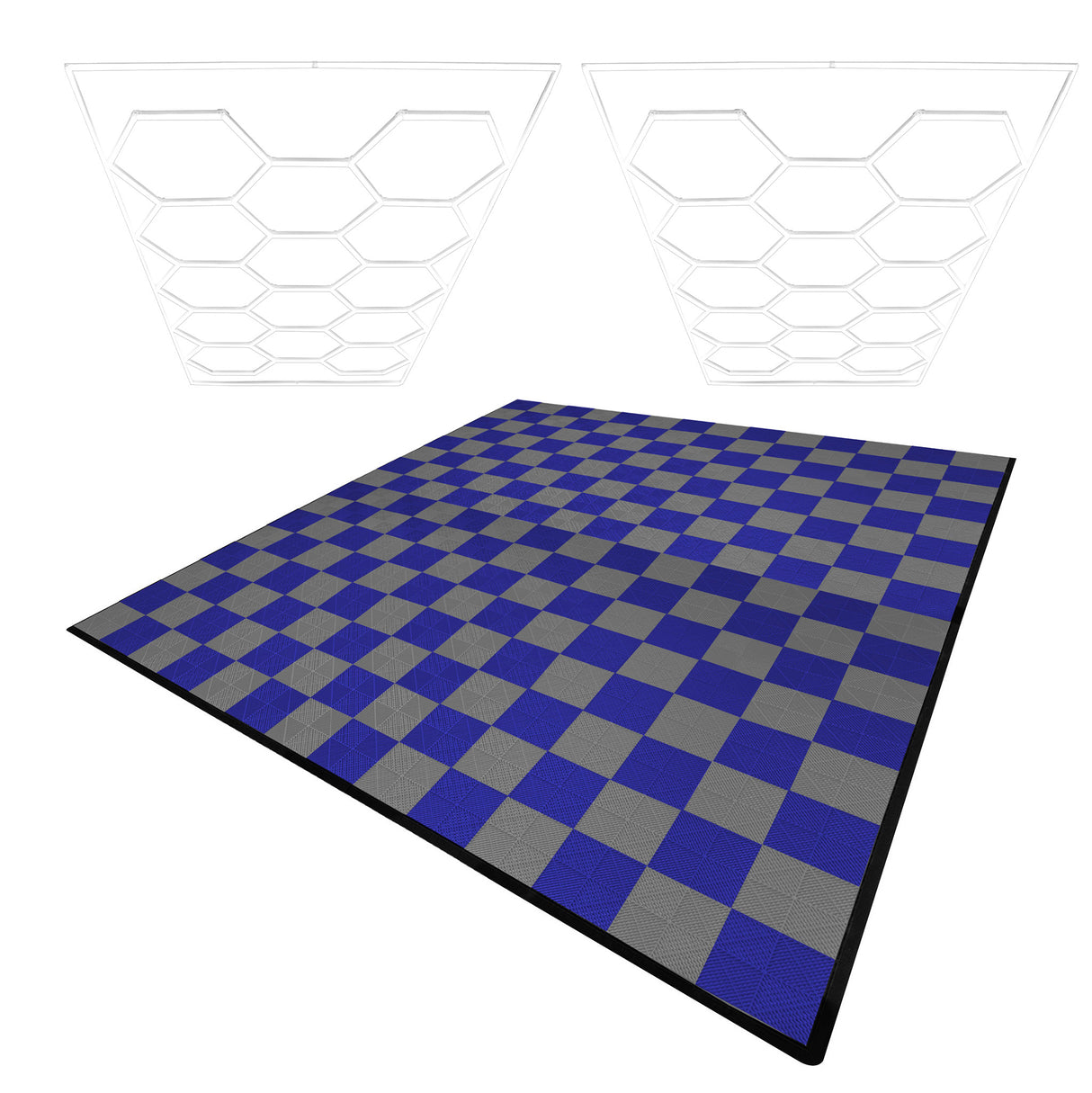 Baldosas Polipropileno (240un) y Bordes - Gris (120un) y Azul (120un) + Luz LED Hexagonal de Techo (x2)