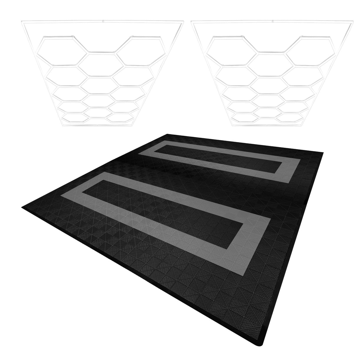 Baldosas Polipropileno (225un) y Bordes - Negro (165un) y Gris (60un) + Luz LED Hexagonal de Techo (x2)