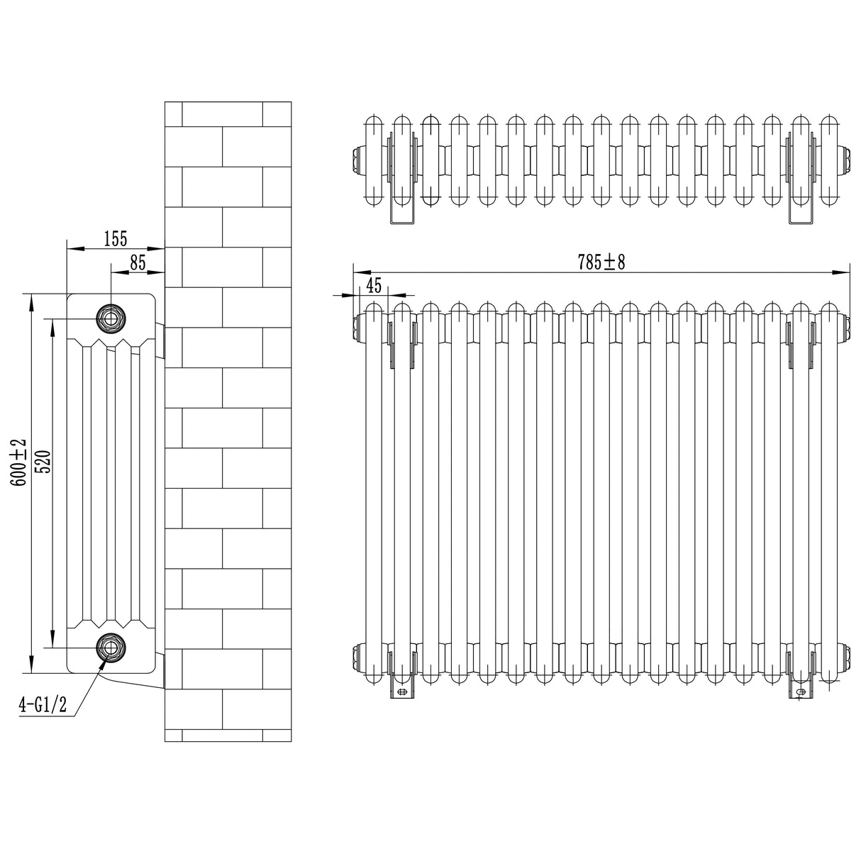 Radiador tradicional de 4 columnas en gris antracita, dimensiones 600 x 785 mm, con diseño elegante y acabado liso