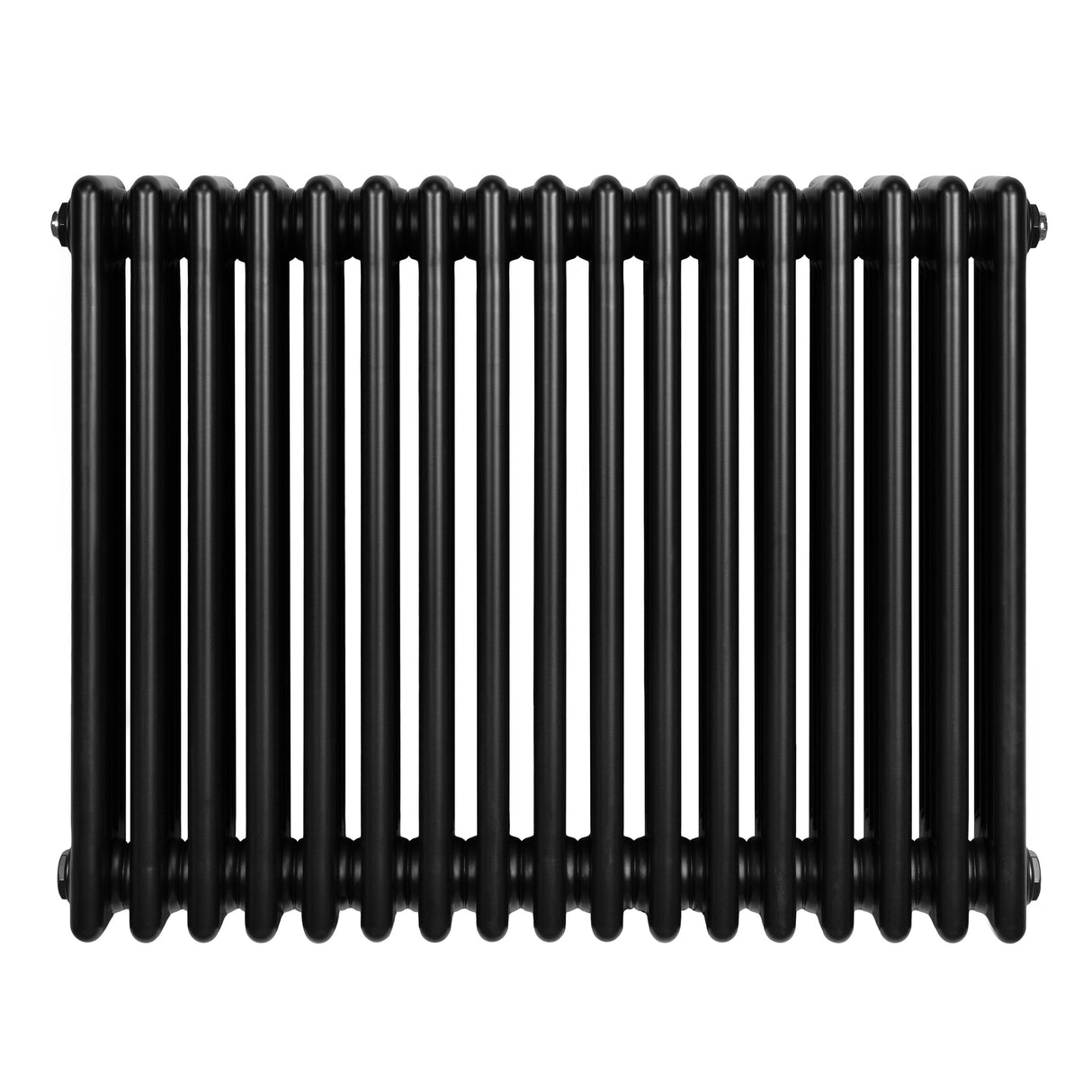 Radiador tradicional negro de 4 columnas, con un acabado liso y brillante, ideal para calentar espacios con estilo clásico