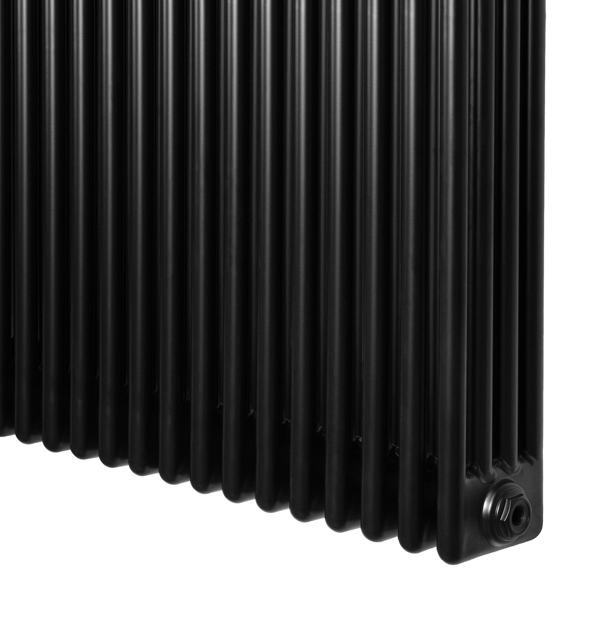 Radiador tradicional negro de 4 columnas, 1800 x 200 mm, con superficie lisa y textura metálica, ideal para calefacción eficiente