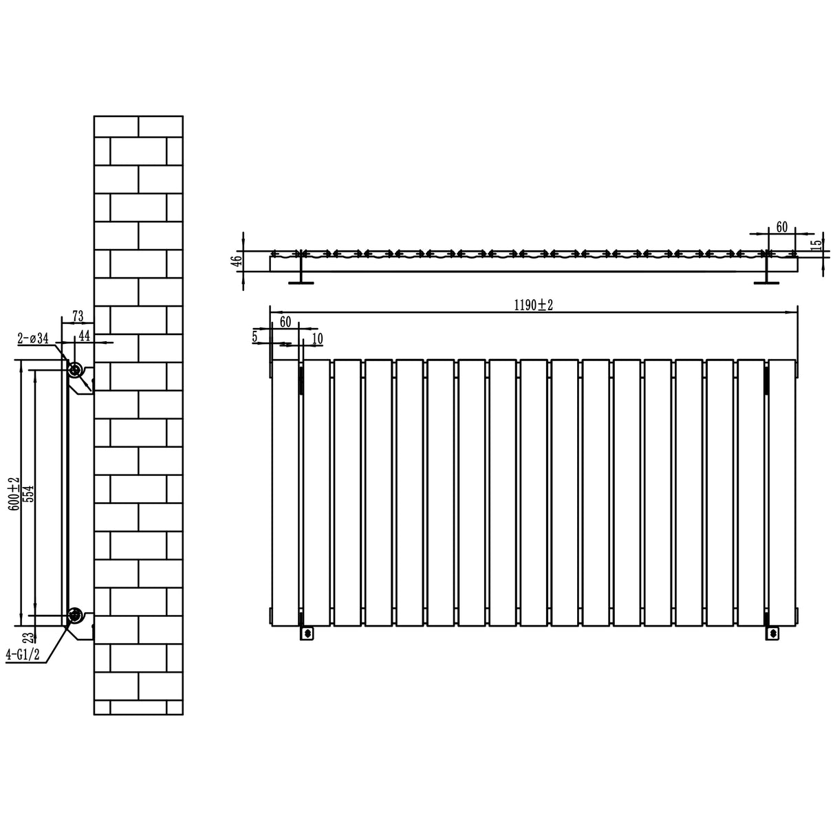 Radiador de columna única en gris antracita, con dimensiones de 600 mm x 1190 mm, diseño moderno y líneas rectas, ideal para espacios contemporáneos