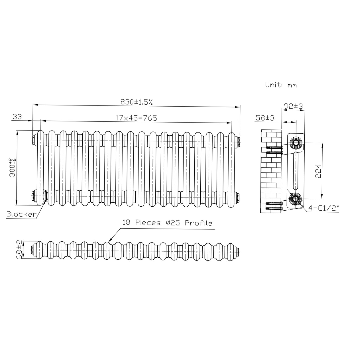 Radiador Tradicional de 2 Columnas - 300 x 830mm - Metal Crudo