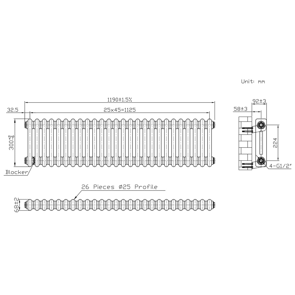 Radiador Tradicional de 2 Columnas - 300 x 1190mm - Metal Crudo
