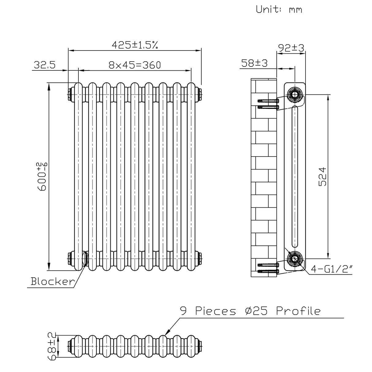 Radiador Tradicional de 2 Columnas - 600 x 425mm - Metal Crudo
