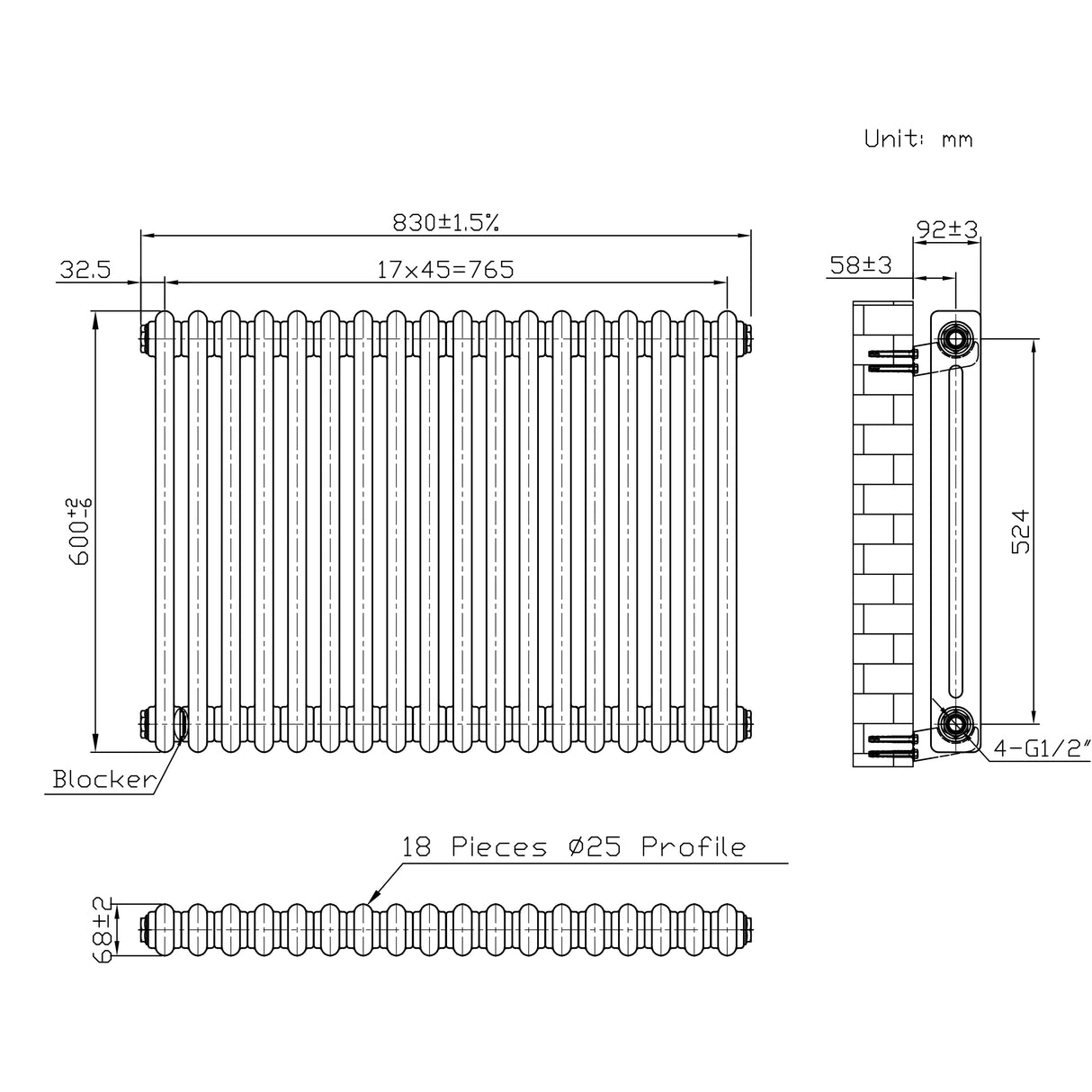 Radiador Tradicional de 2 Columnas - 600 x 830mm - Metal Crudo