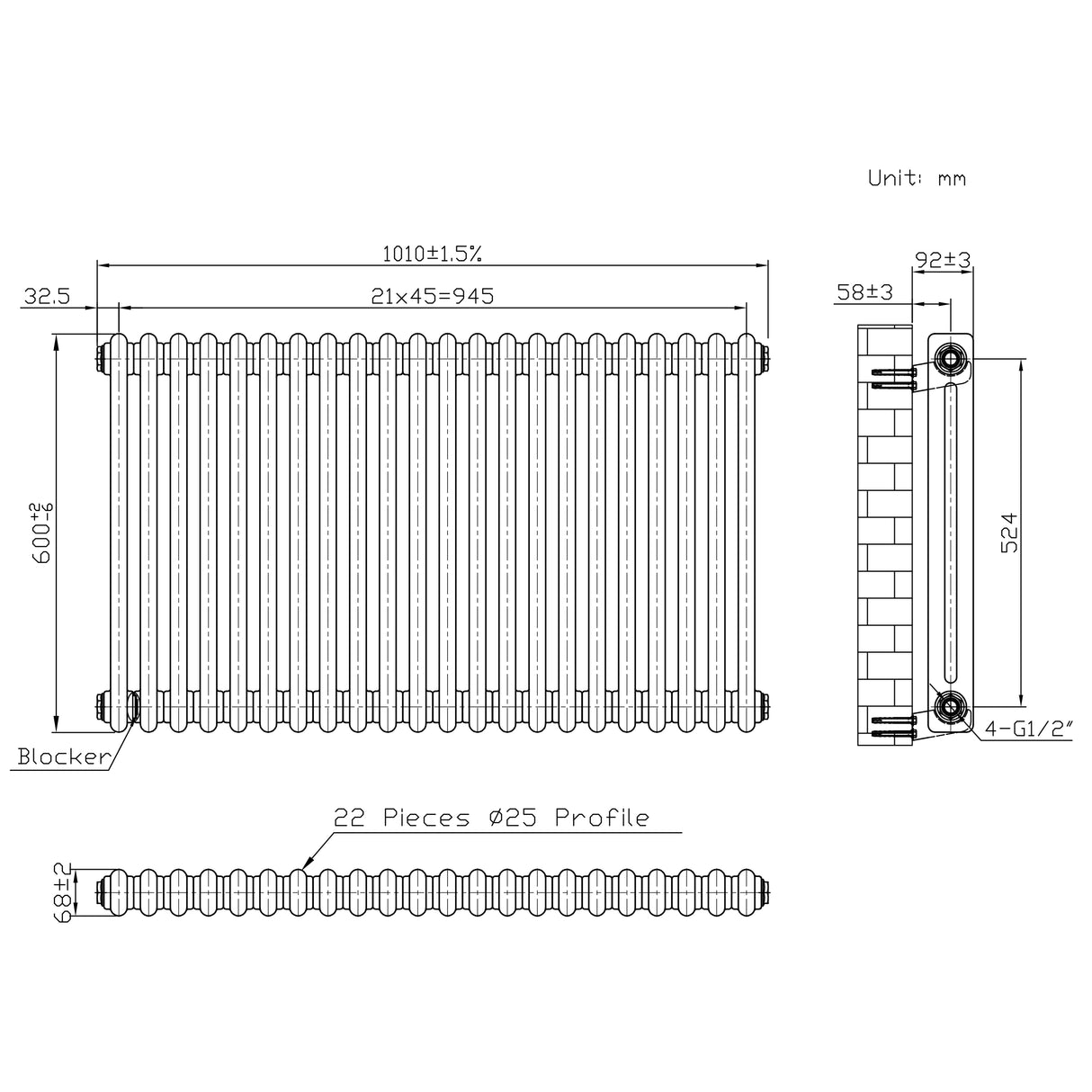 Radiador Tradicional de 2 Columnas - 600 x 1010mm - Metal Crudo
