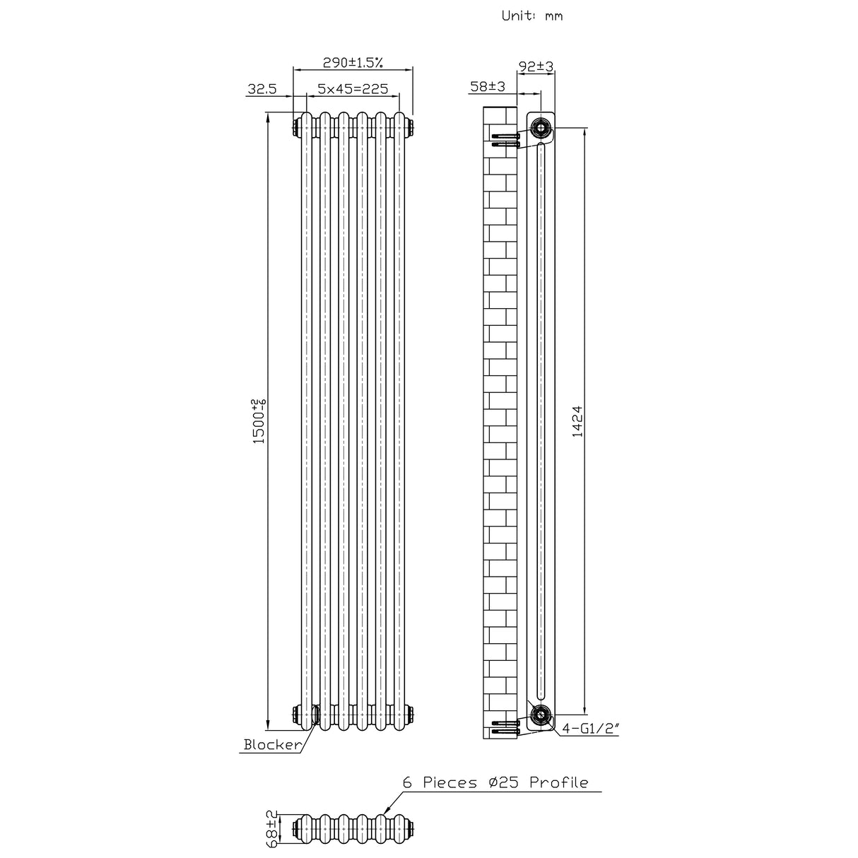 Radiador Tradicional de 2 Columnas - 1500 x 290mm - Metal Crudo