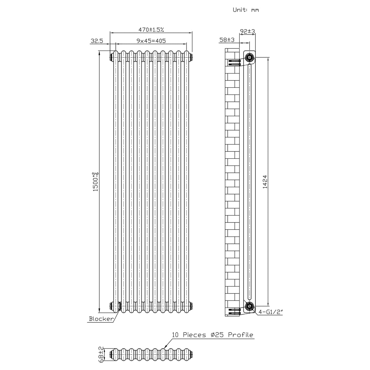 Radiador Tradicional de 2 Columnas - 1500 x 470mm - Metal Crudo