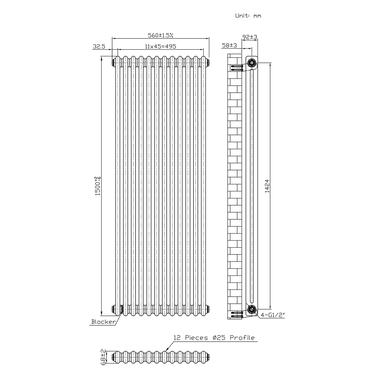 Radiador Tradicional de 2 Columnas - 1500 x 560mm - Metal Crudo