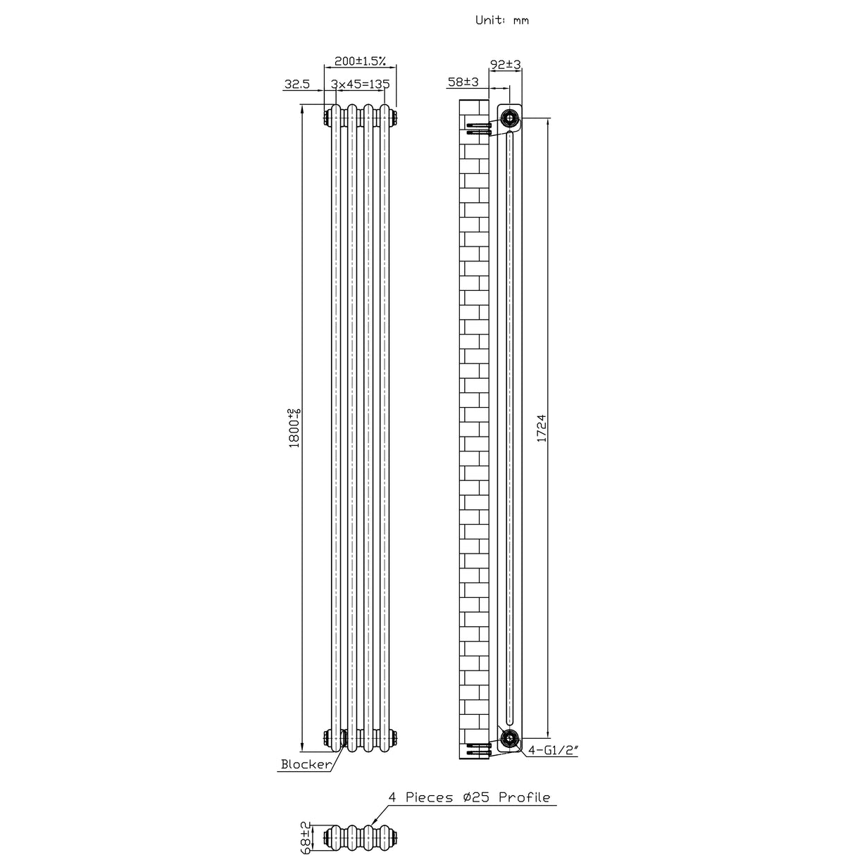 Radiador Tradicional de 2 Columnas - 1800 x 200mm - Metal Crudo