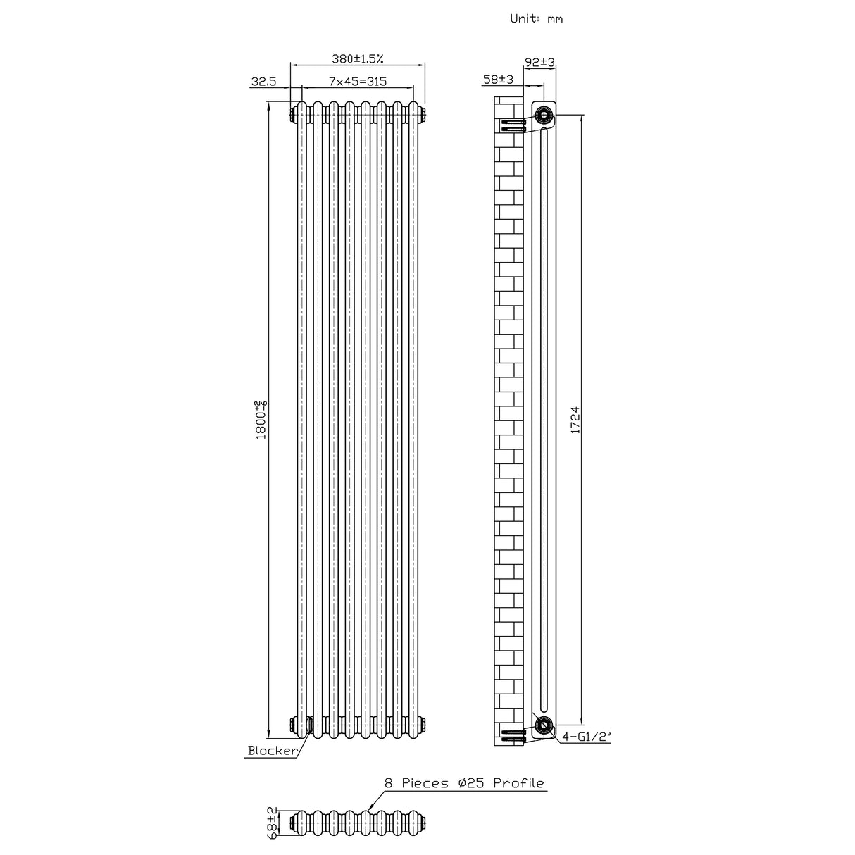 Radiador Tradicional de 2 Columnas - 1800 x 380mm - Metal Crudo