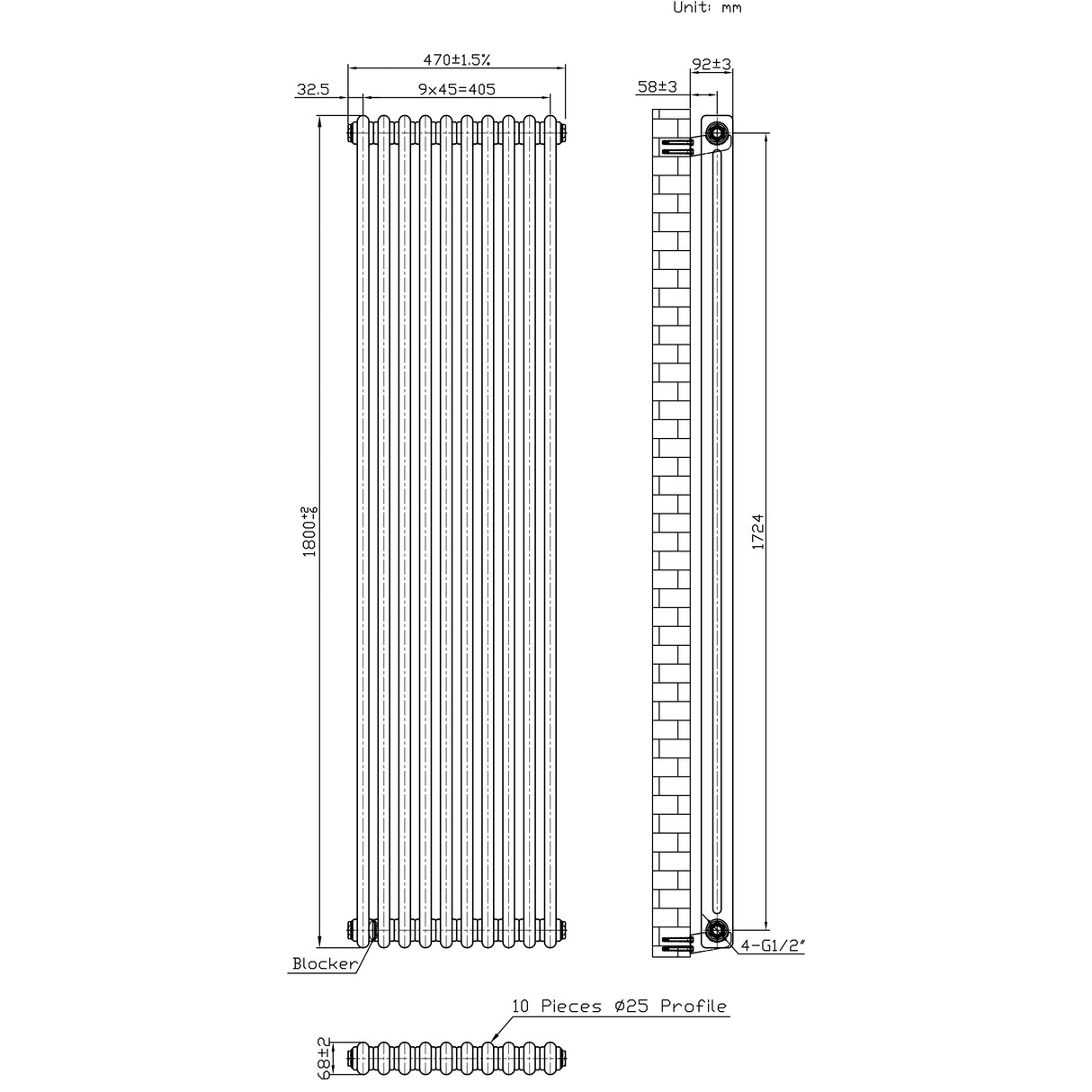 Radiador Tradicional de 2 Columnas - 1800 x 470mm - Metal Crudo