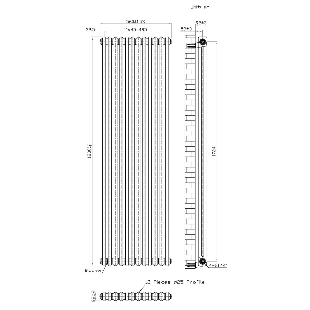 Radiador Tradicional de 2 Columnas - 1800 x 560mm - Metal Crudo
