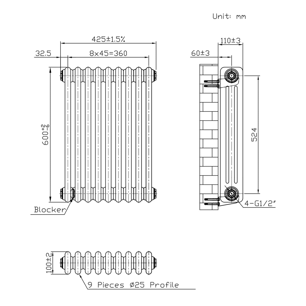 Radiador Tradicional de 3 Columnas - 600 x 425mm - Metal Crudo