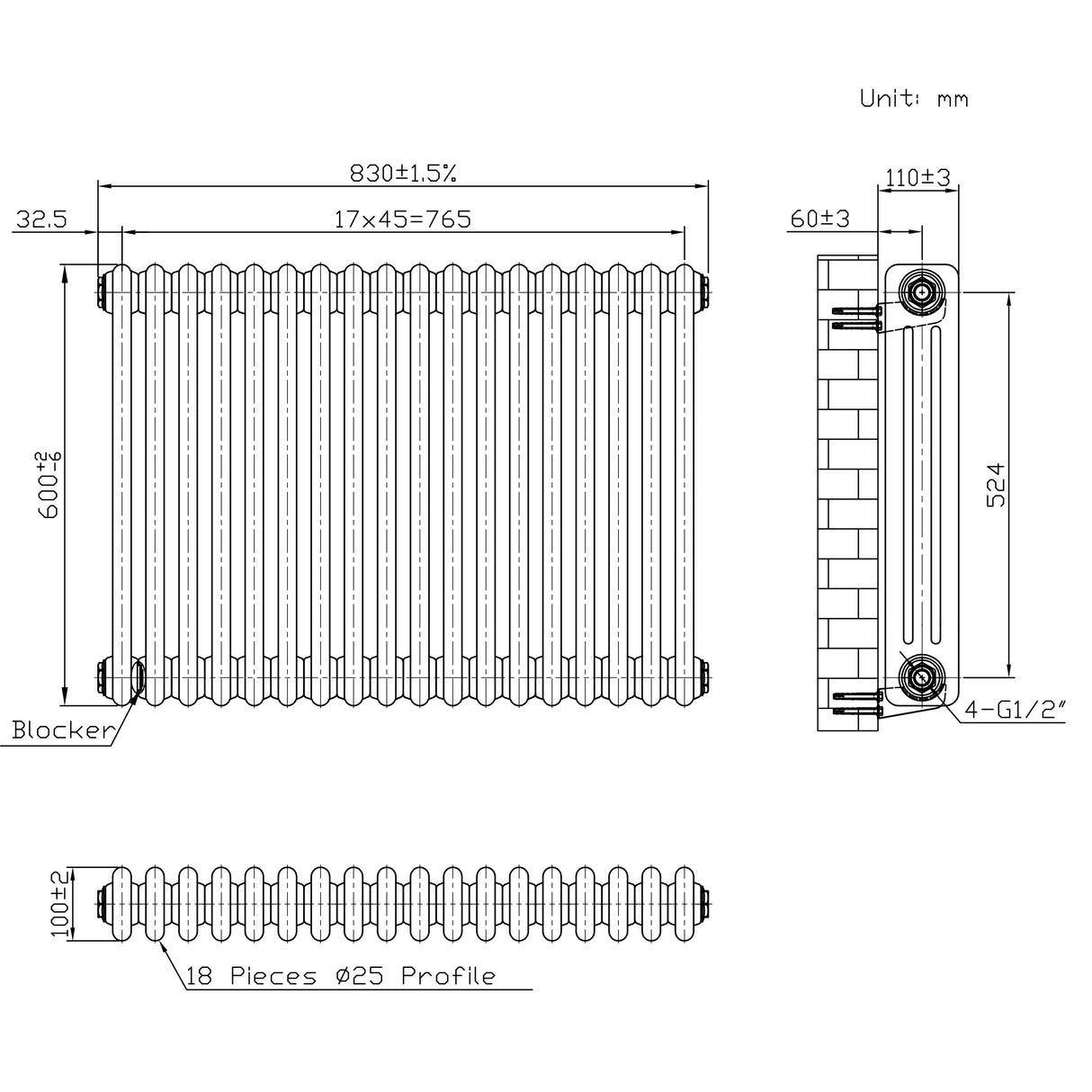 Radiador Tradicional de 3 Columnas - 600 x 830mm - Metal Crudo