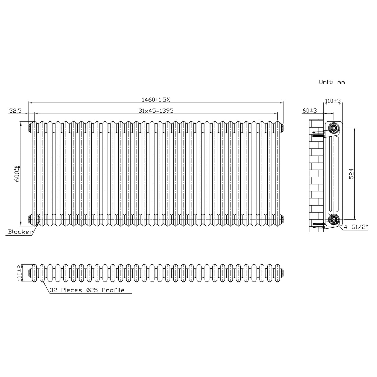 Radiador Tradicional de 3 Columnas - 600 x 1460mm - Metal Crudo