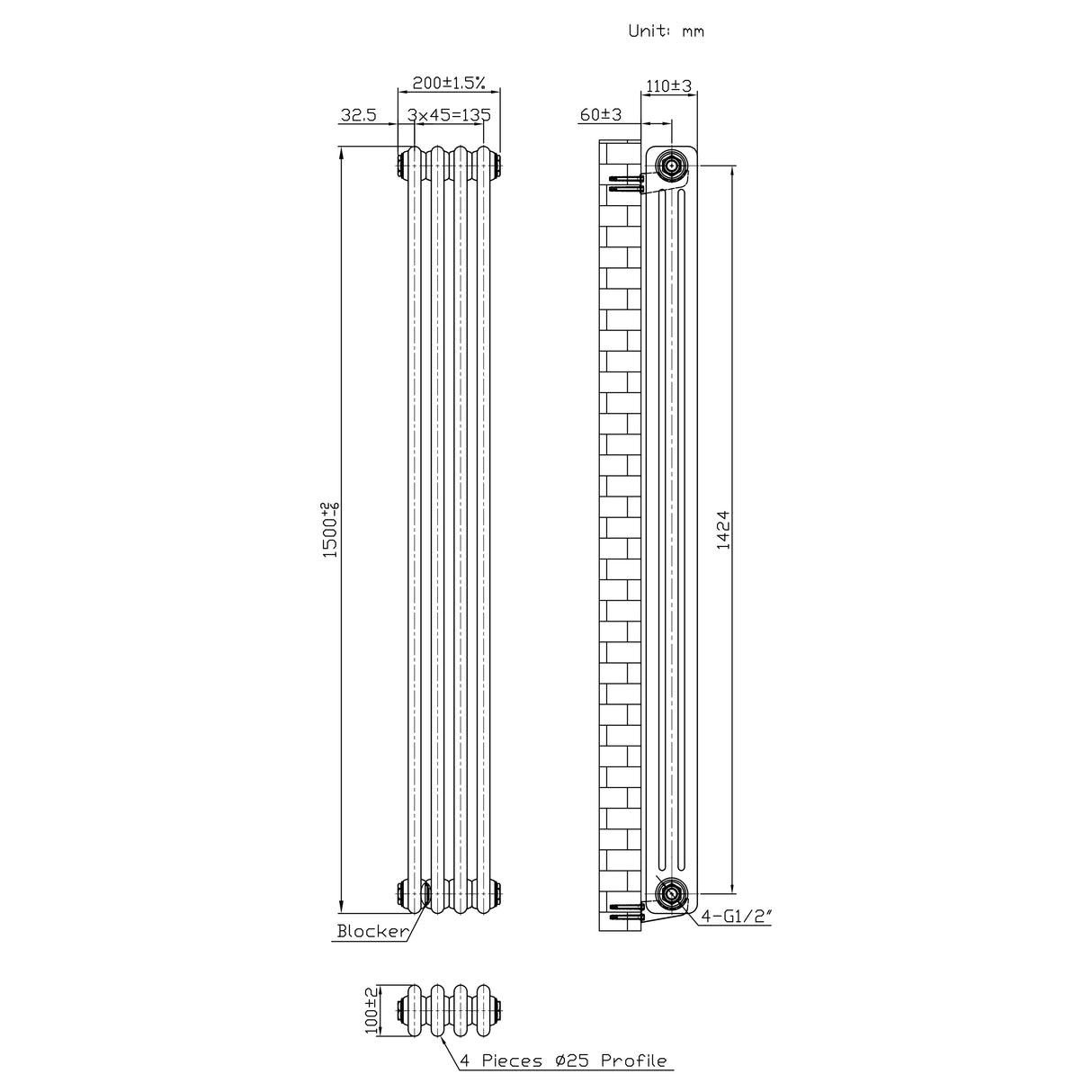 Radiador Tradicional de 3 Columnas - 1500 x 200mm - Metal Crudo