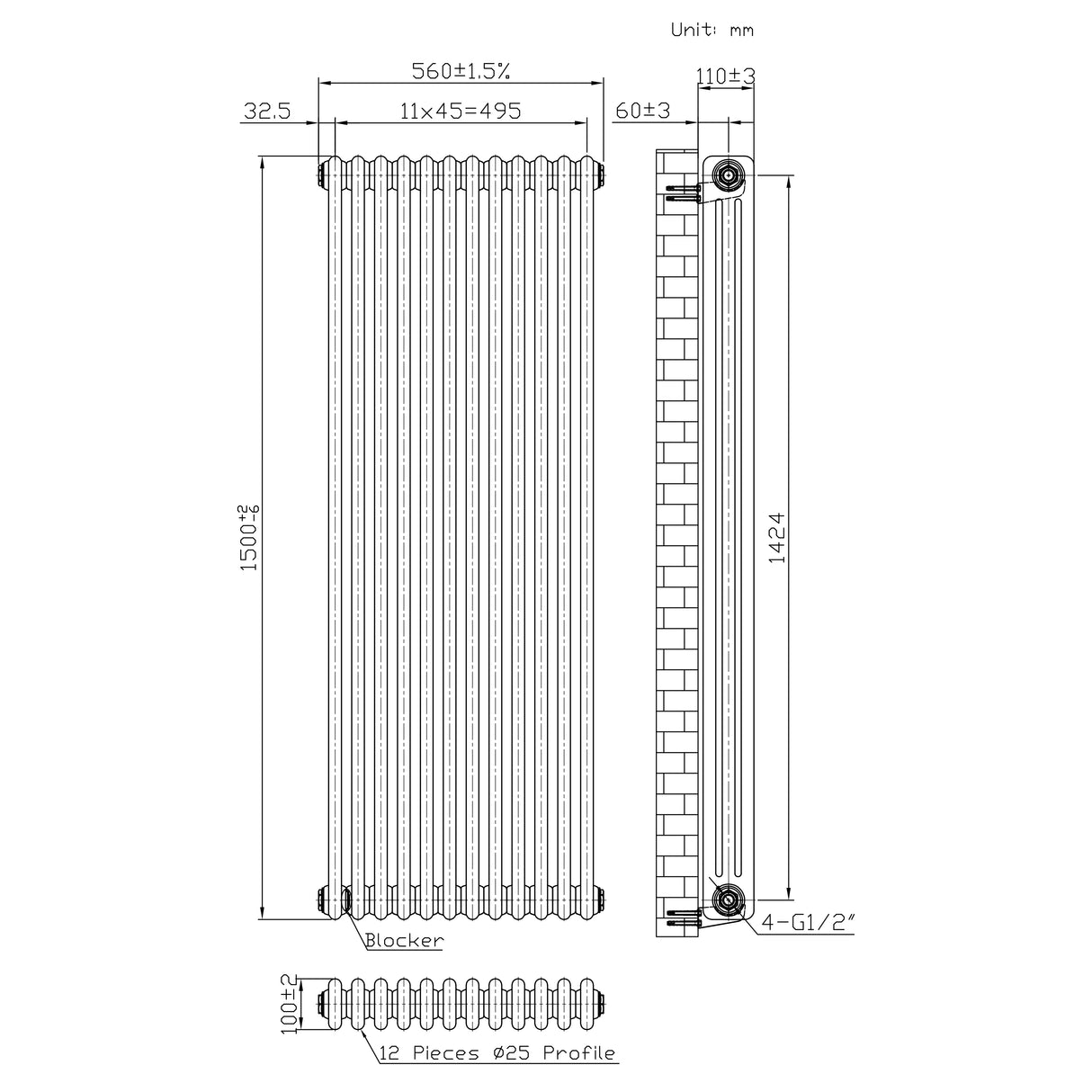 Radiador Tradicional de 3 Columnas - 1500 x 560mm - Metal Crudo