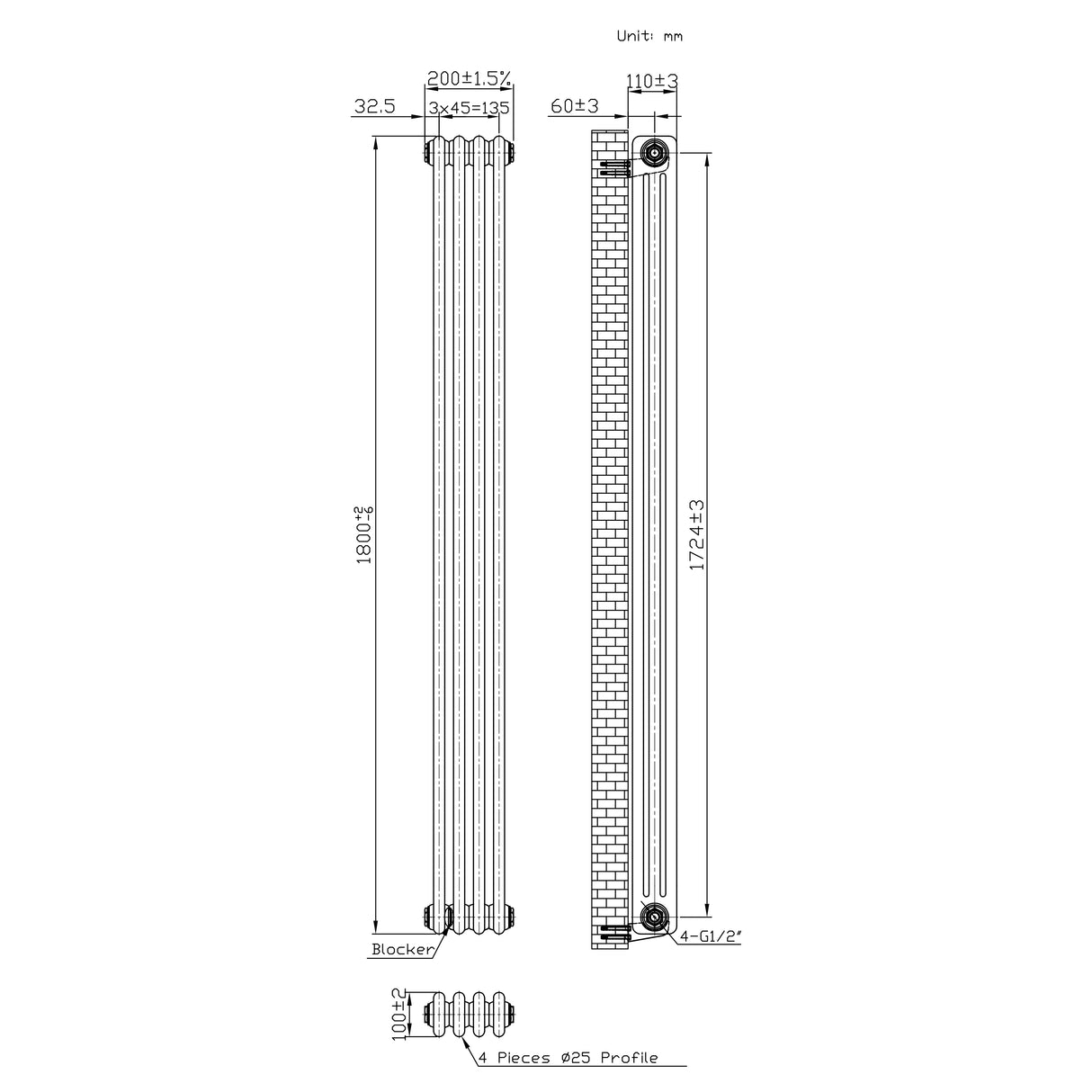 Radiador Tradicional de 3 Columnas - 1800 x 200mm - Metal Crudo