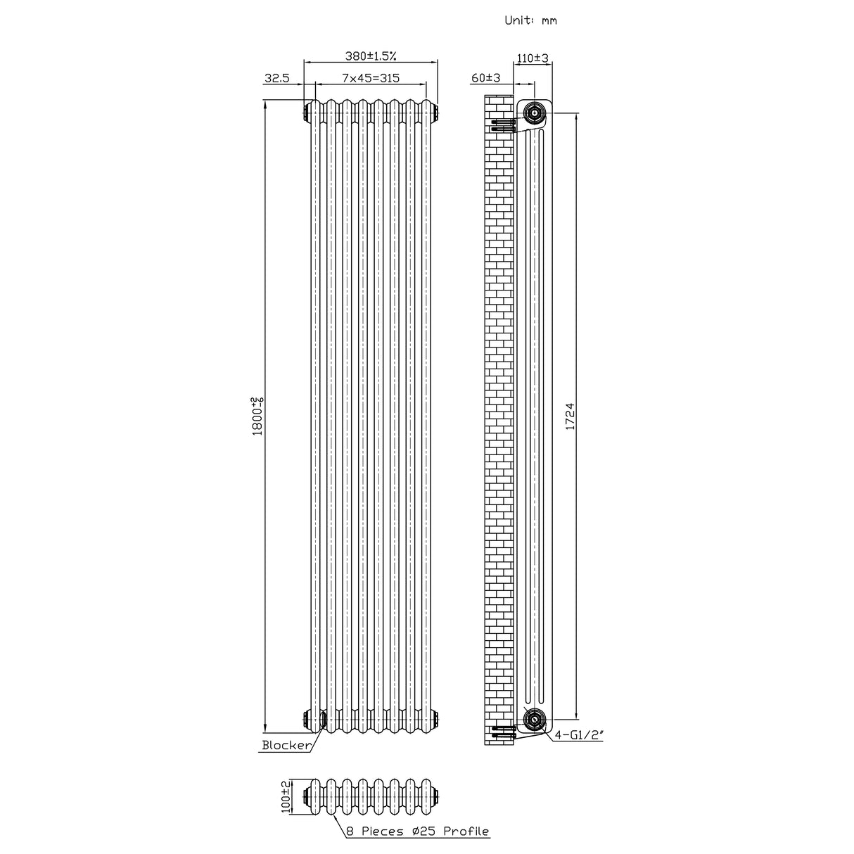 Radiador Tradicional de 3 Columnas - 1800 x 380mm - Metal Crudo