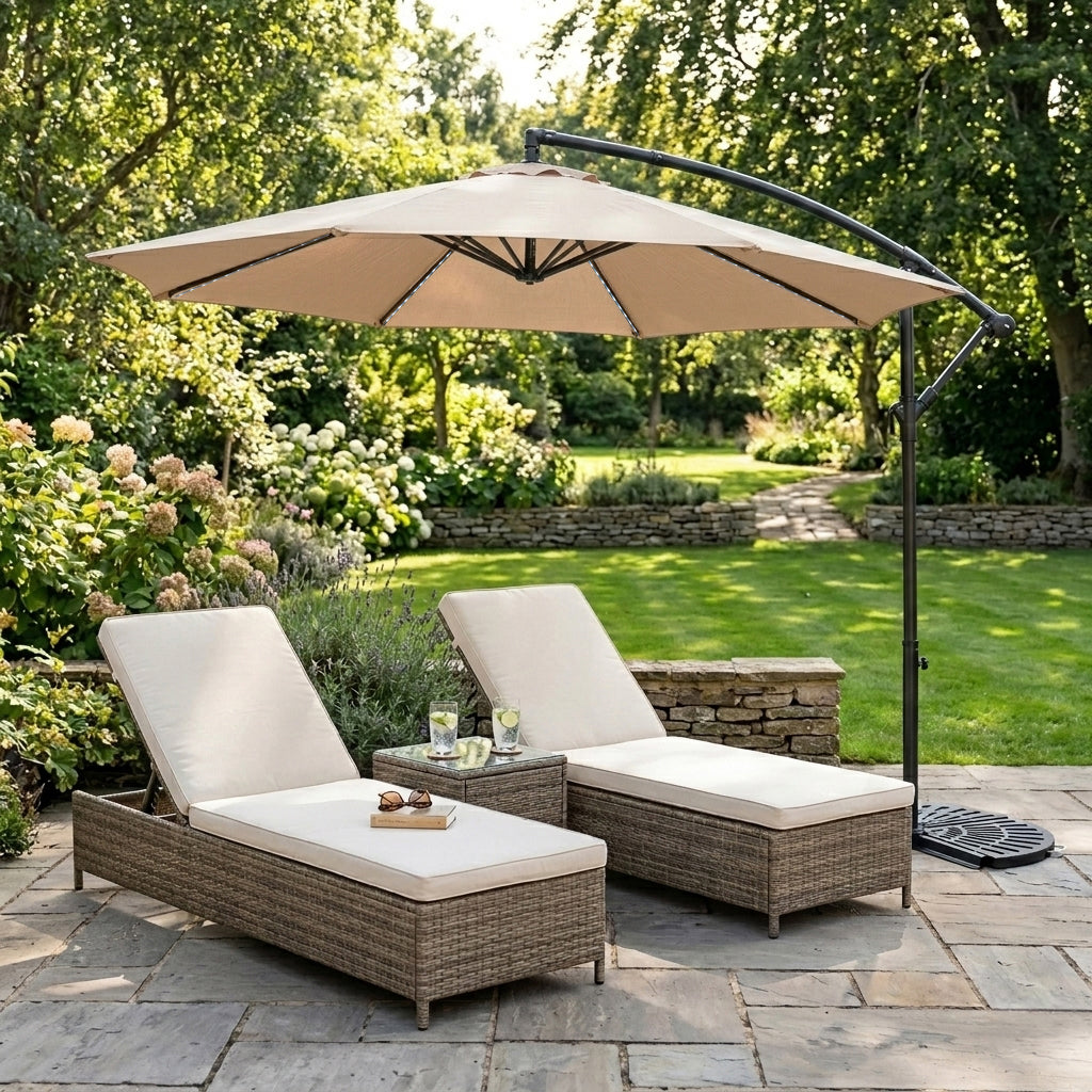 Parasol Excéntrico LED de 3 m con Base de Medio Abanico – Beige