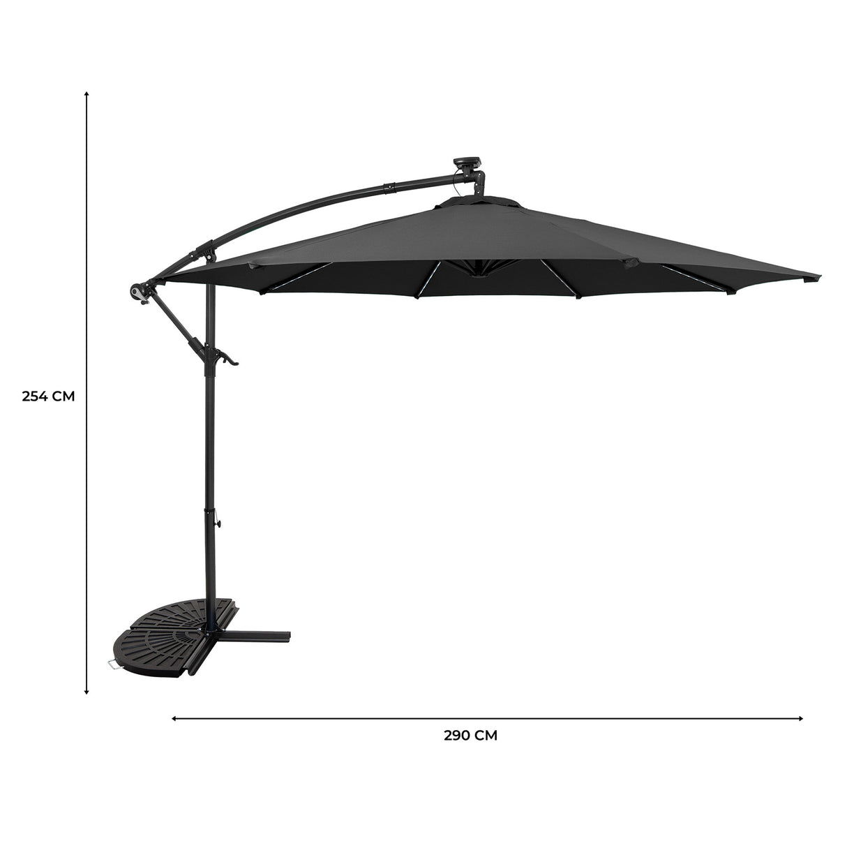 Parasol Excéntrico LED de 3 m con Base de Medio Abanico – Gris
