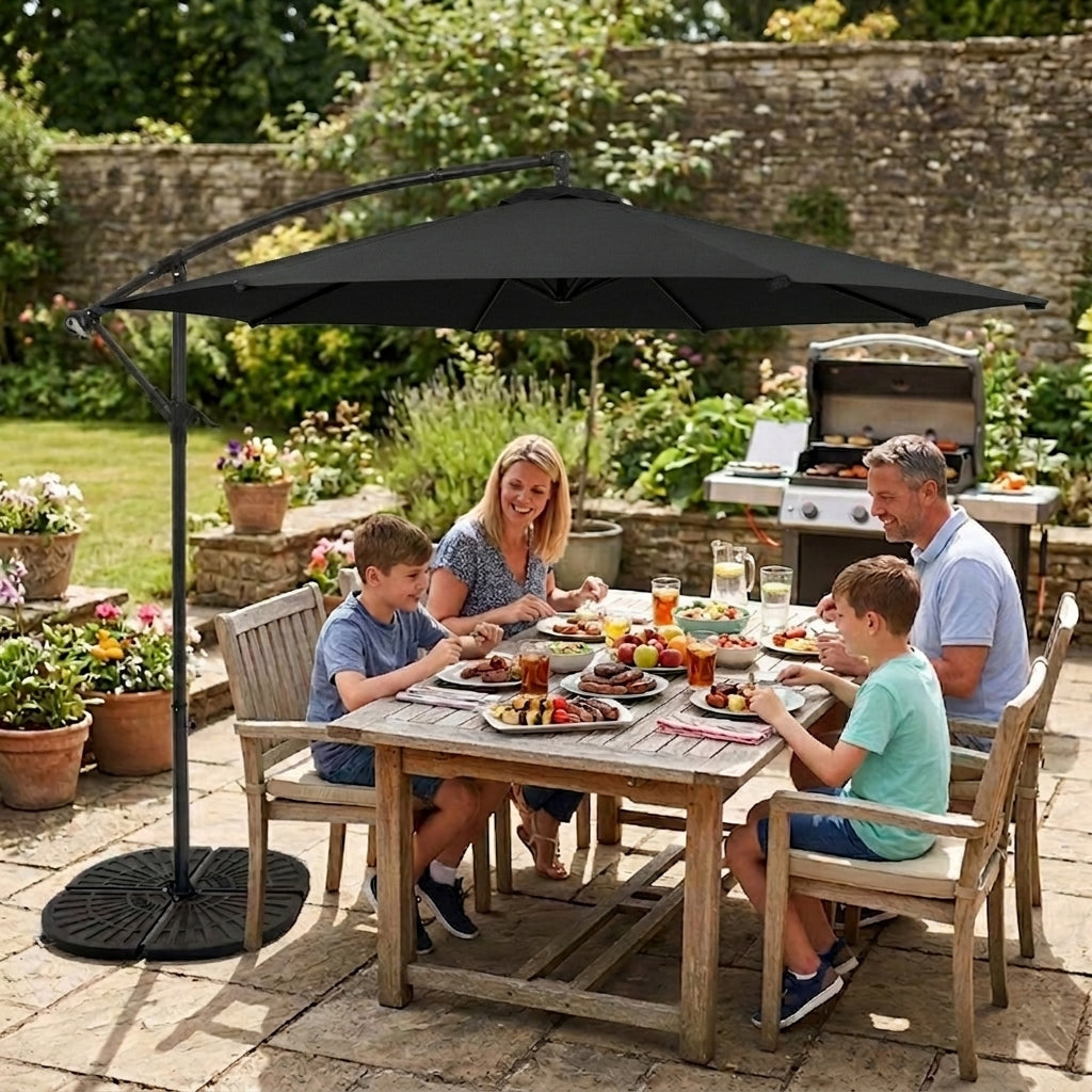 Parasol Excéntrico de 3 m con Base de Abanico Completo – Negro