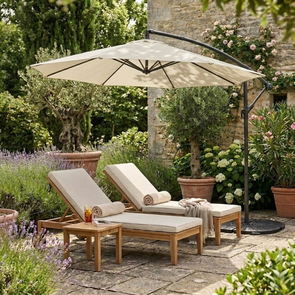 Parasol Excéntrico de 3 m con Base de Abanico Completo – Crema