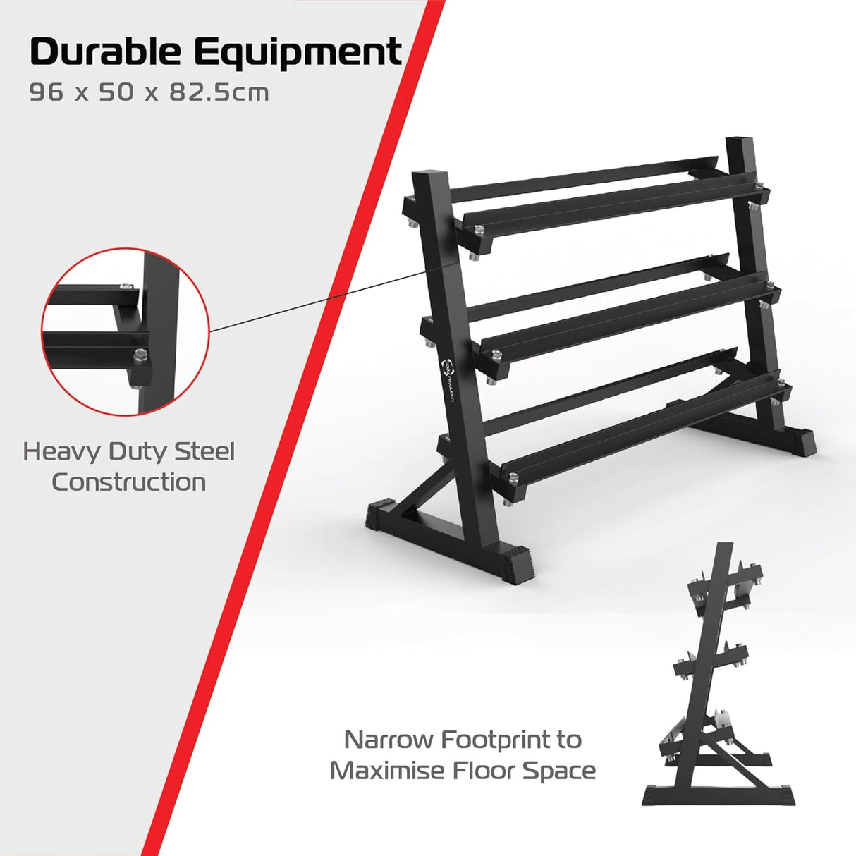 Estante de mancuernas negro de acero resistente, con tres niveles y diseño compacto para optimizar el espacio en el gimnasio